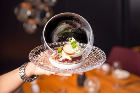 Beetroot tartare, roasted aubergine, buckwheat, fennel, olive toast